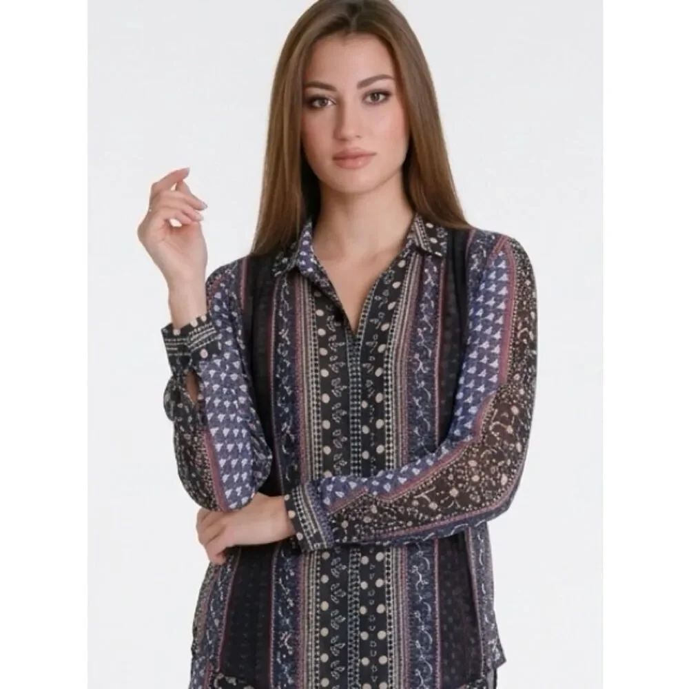 FREE PEOPLE | Multiprint Sheer Button Down Long Sleeve Top Women’s Size X-Small